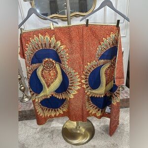 VKM Ankara‎ African Wax Print Fabric 2 Yards Red Gold Blue Block Cotton 45” Wide